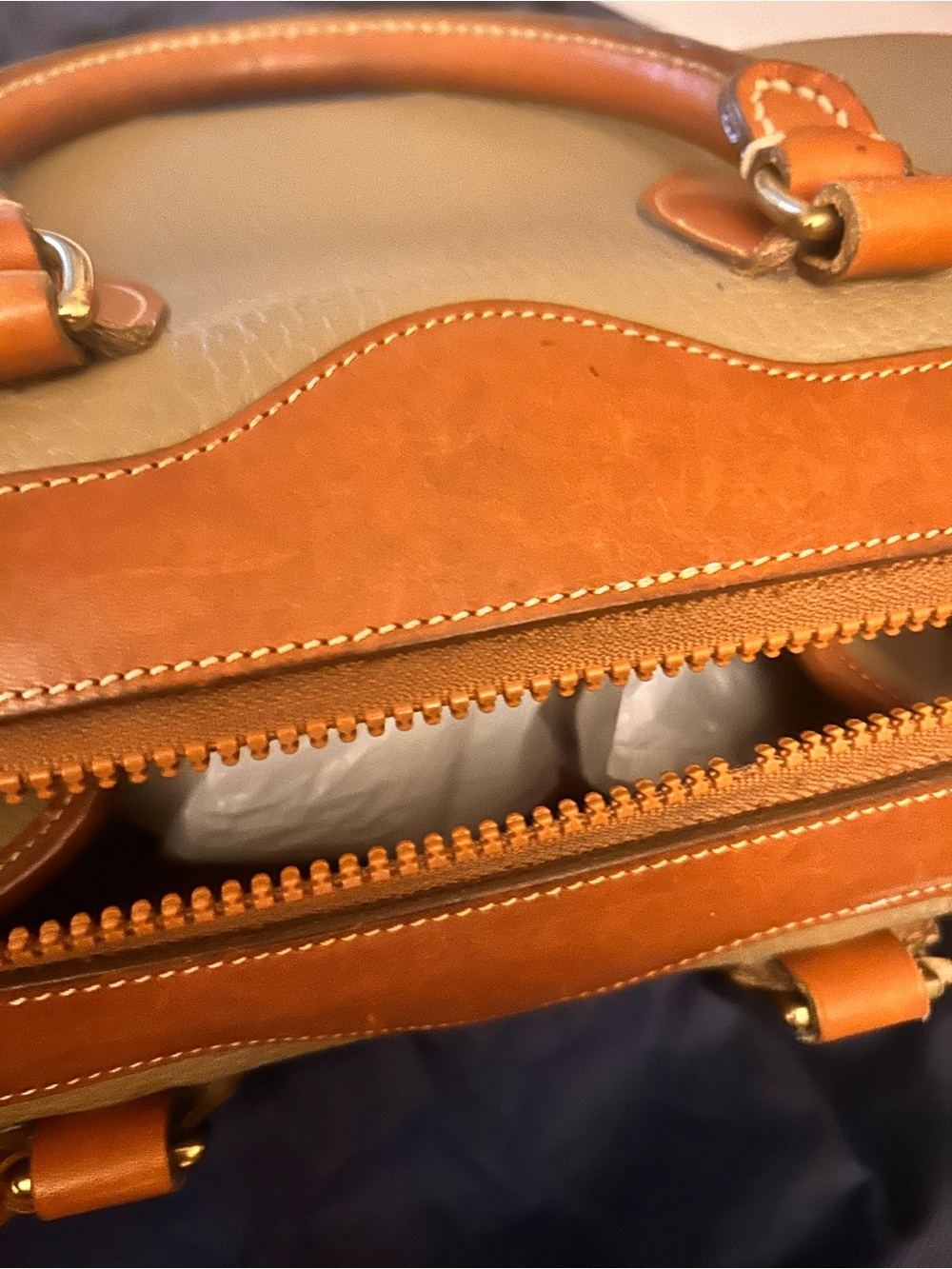 Dooney & Bourke Olive Pebbled Leather Satchel with Tan Trim - Picture 4 of 4